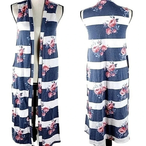 Amelia James Striped Floral Long Duster Sleeveless Boho Kimono with Pockets - Picture 1 of 10